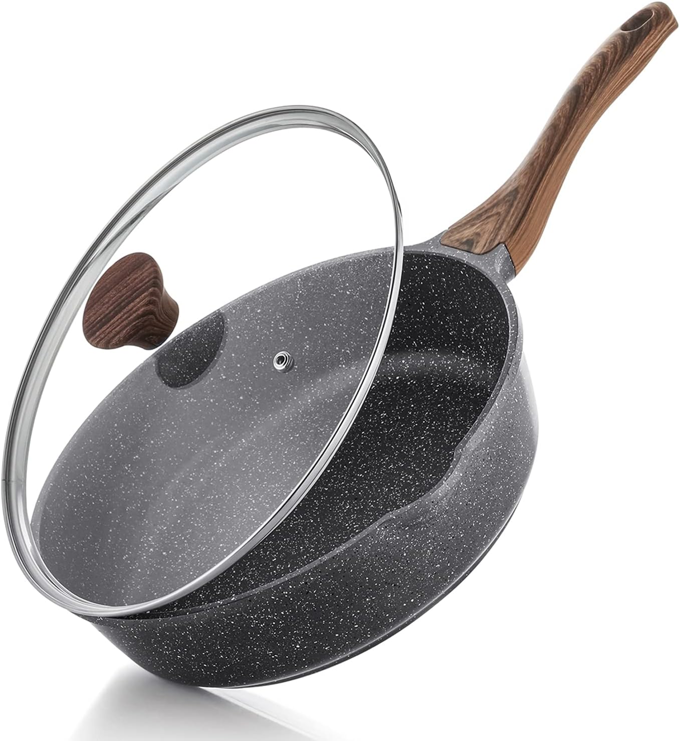 Deep Granite Frying Pan with Glass Lid & Wooden Handle