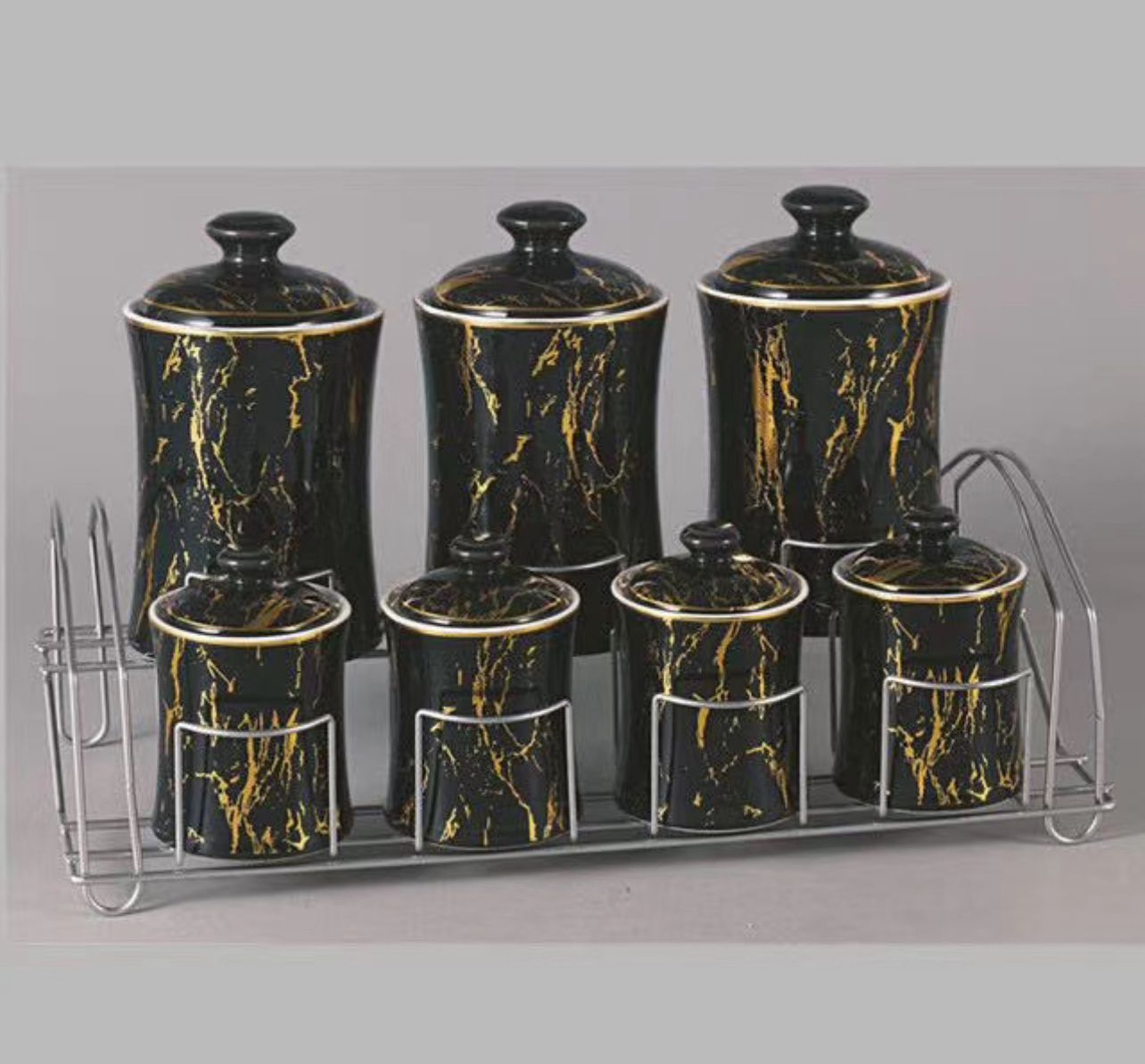 Black Marble Ceramic Kitchen Canister Set with Metal Rack